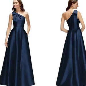 NWT Alfred Sung Maxi Dress Midnight Blue One Shoulder Gown Size 10